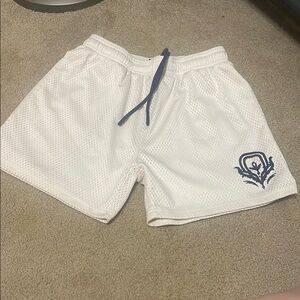White Mesh Athletic Shorts with Navy Accents